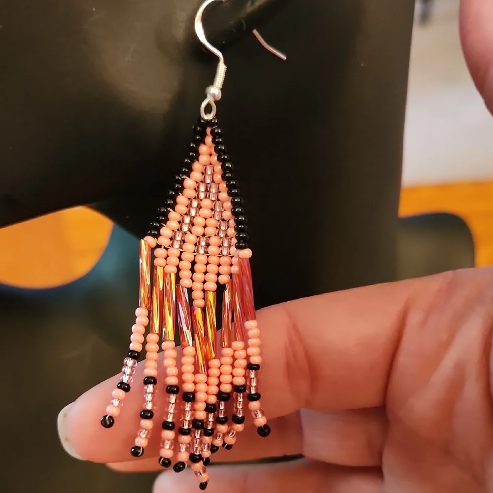 Hand Crafted Black and Pink Beaded Earrings